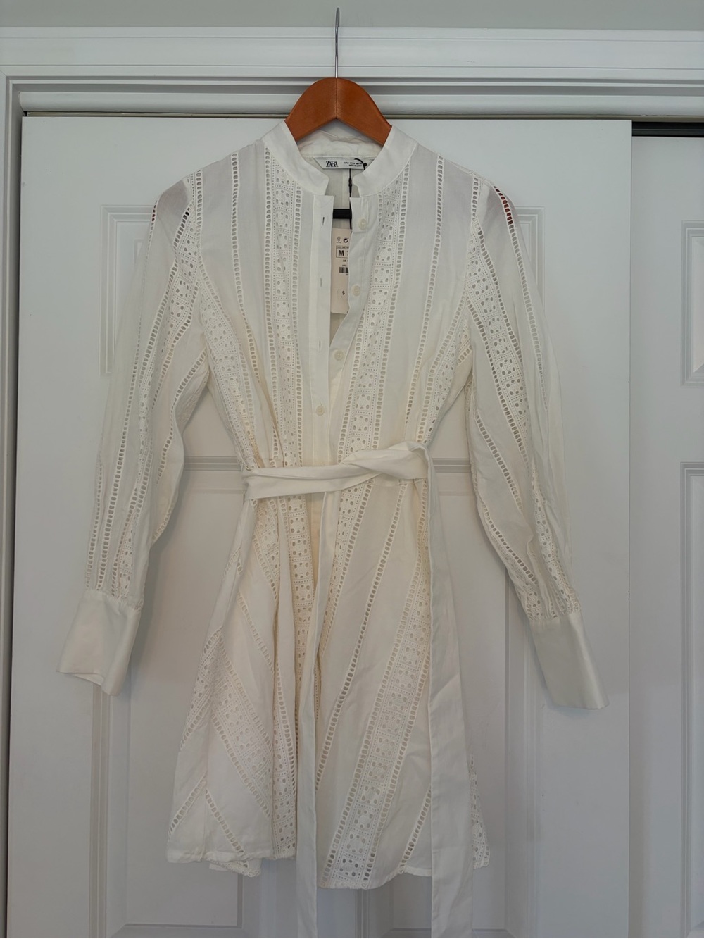 Zara Cream Eyelet Long-Sleeve Belted Dress